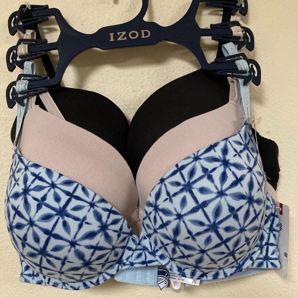 IZOD 36B Smooth T-Shirt Bra Underwire Set of 3 Black, Tan and Blue Print